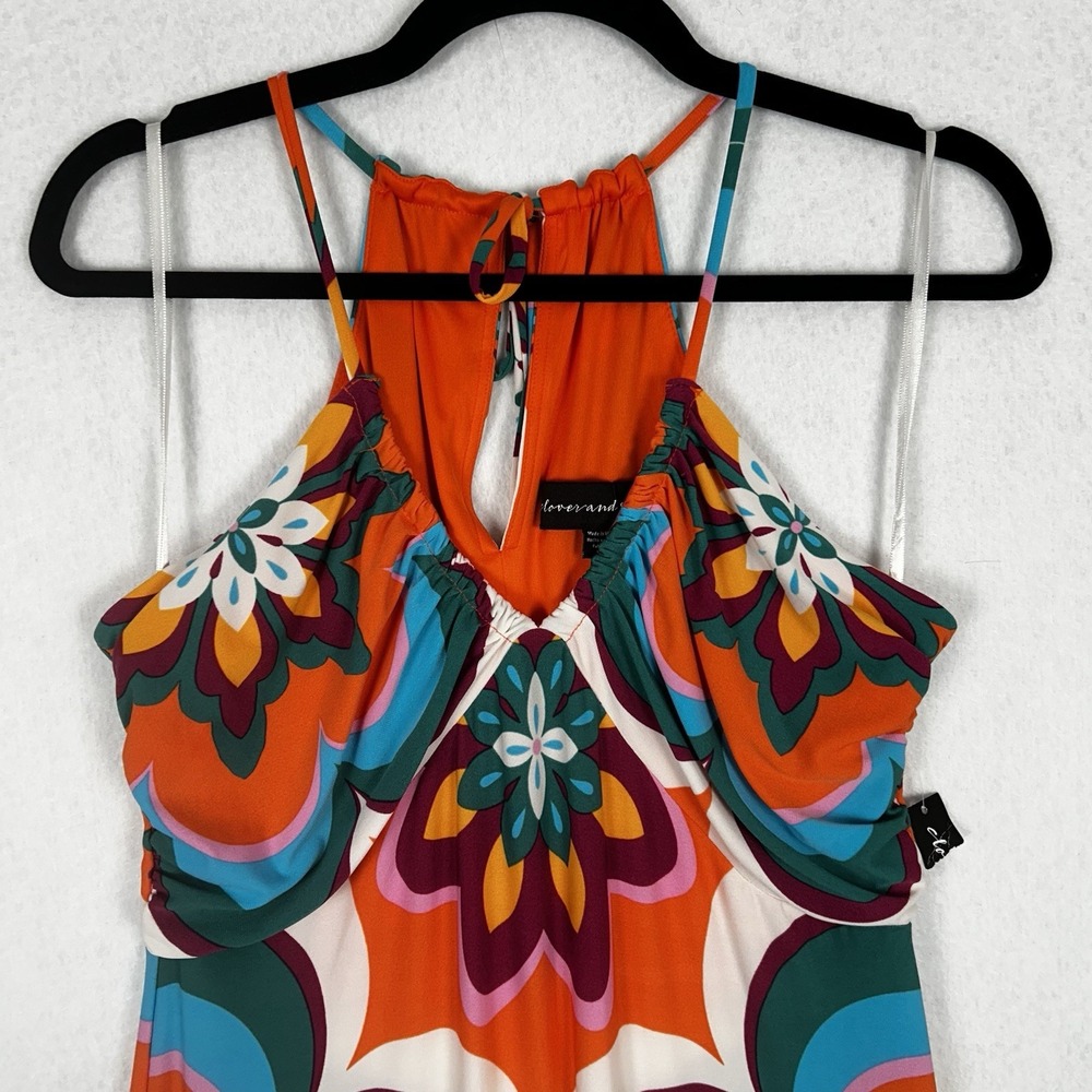 NEW Clover and Sloane Retro Halter Maxi Dress Colorful US Sz 8 70s V Neck Slit - Picture 3 of 11